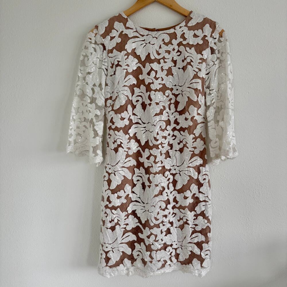 Dress the Population White Floral Lace Mini Dress over Tan Slip